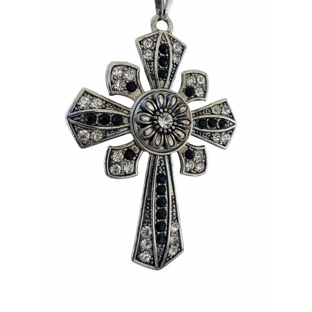 Silver Tone Rhinestone Cross Pendant Necklace Black & Clear Statement